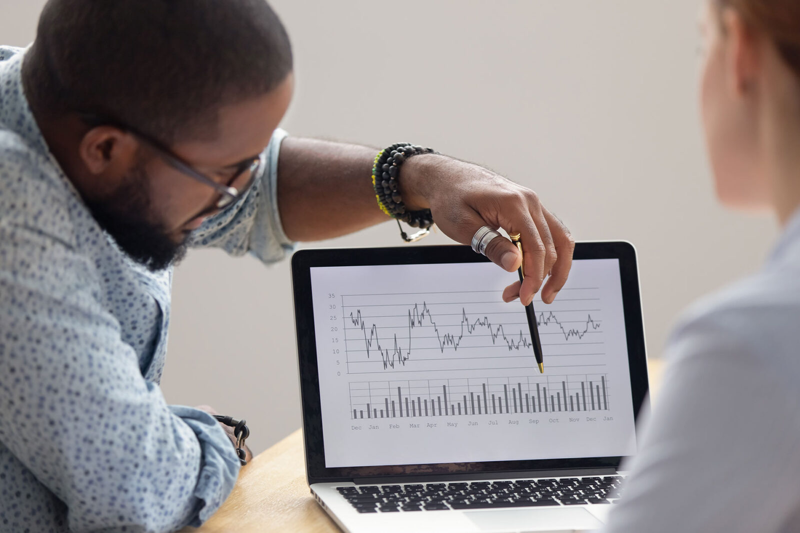 Executive showing partner the benefits of outsourcing during recession