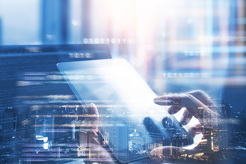 people and technology background in blue color