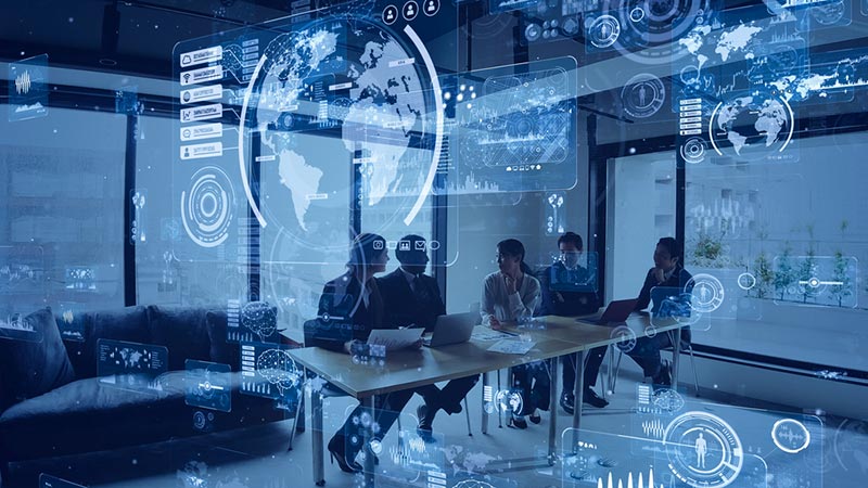 Finance team in a meeting with graphic overlay showing financial artificial intelligence