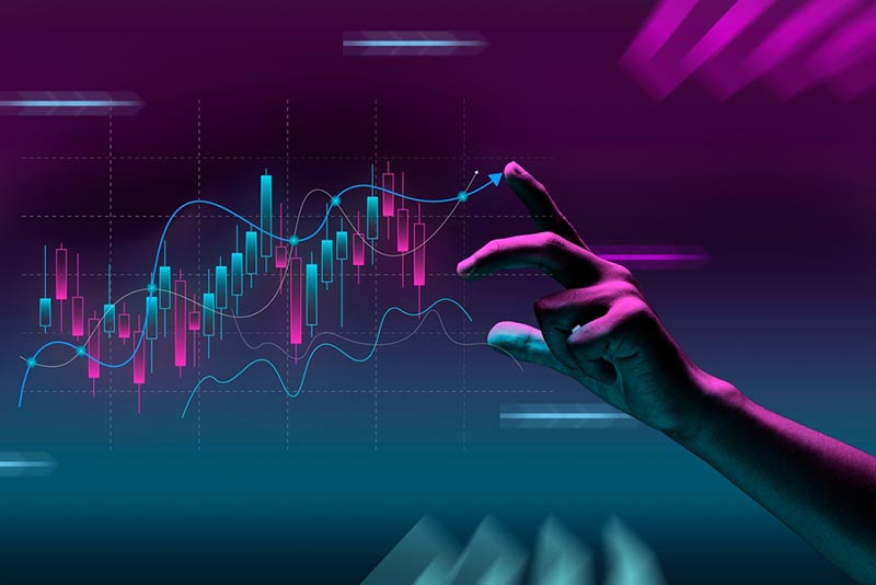 Predictive analytics graph background in pink and blue hue colors