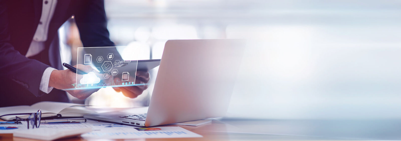 cfo utilizing ai tools on pc background image with technology graphics