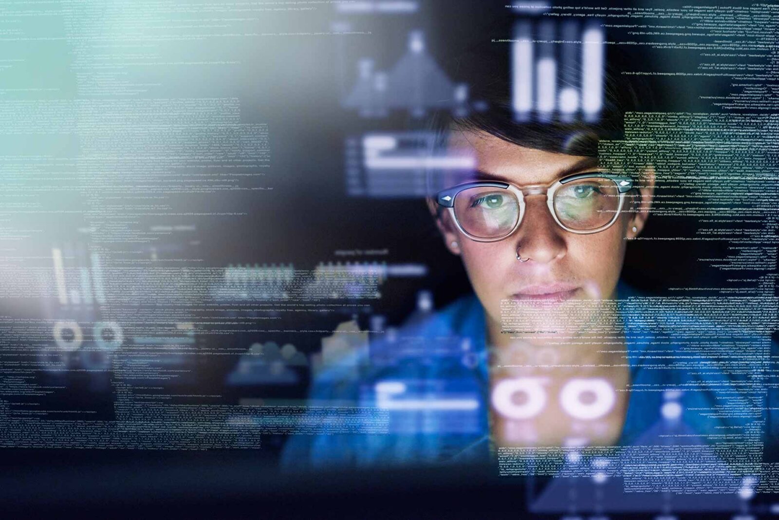 futuristic image of finance professional using AI in dark room