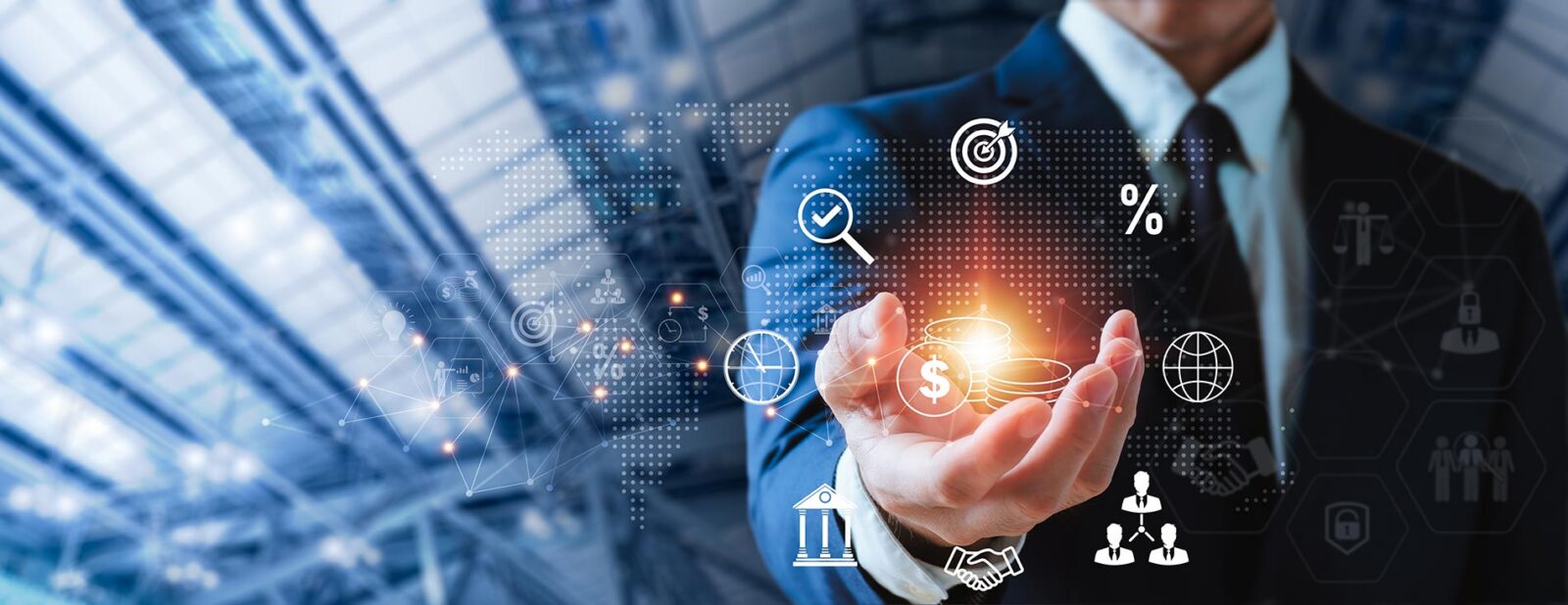 CFO with hand out touching graphic overlay of value added activities of a company